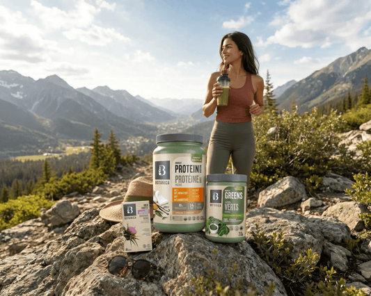 Botanica Perfect Protein Elevated Anti-inflammatory, Perfect Greens and Milk Thistle Capsules outdoors with woman in the background