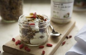 Zoomed in shot of Protein Power Nut & Fruit Granola made with Botanica Vanilla Perfect Protein topped with goji berries and nuts