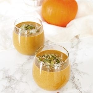 Anti-inflammatory Pumpkin Pie Smoothie made with Perfect Protein Elevated Anti-Inflammatory, one of the Easy Make Ahead Smoothies for Fall, in a jar.