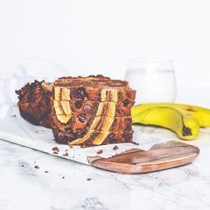 picture of Sliced Gluten free and vegan Protein Packed Chocolate Swirl Banana Bread made with Perfect Protein Chocolate