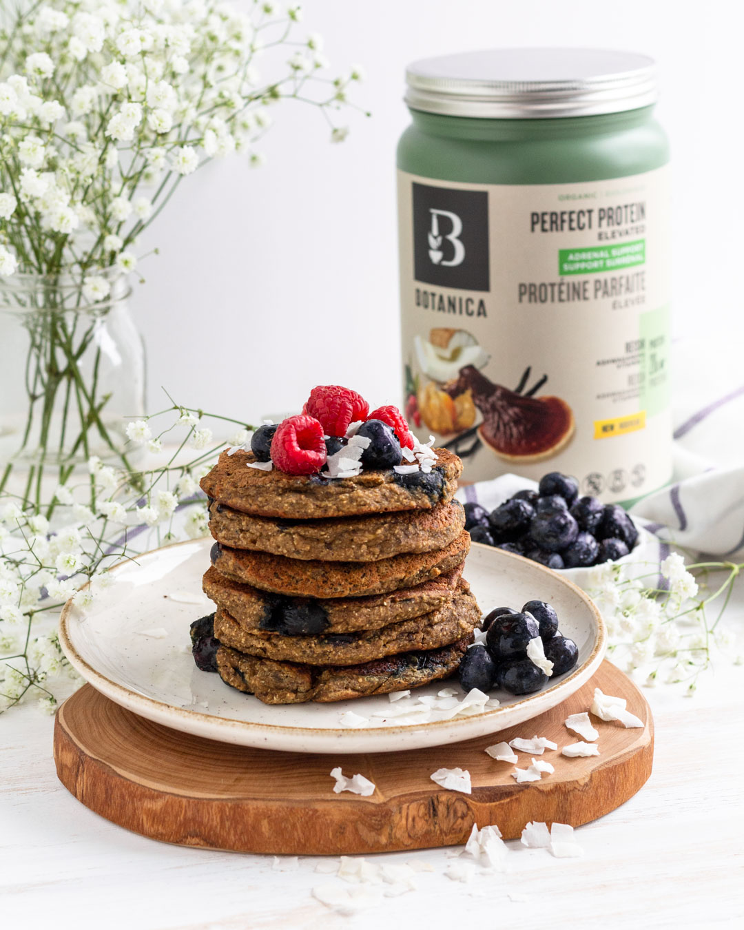 Botanica Perfect Protein Elevated Adrenal Support, vegan banana protein pancakes, blueberry pancakes, gluten-free pancakes, gluten-free vegan pancakes