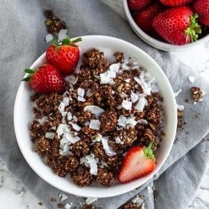 overhead shot bowl of gluten free and vegan Protein packed chocolate granola recipe using Botanica health perfect protein chocolate protein powder topped with fresh strawberries and coconut.