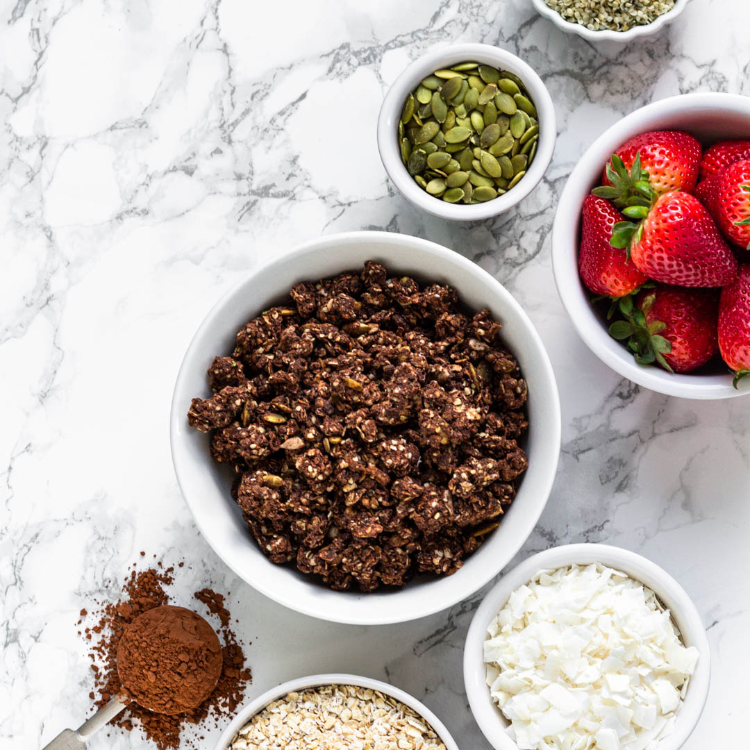chocolate granola recipe using Botanica health perfect protein chocolate protein powder. vegan and gluten free made with real food ingredients.
