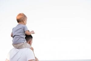 A picture of backview of 5 year old boy on his father's shoulders