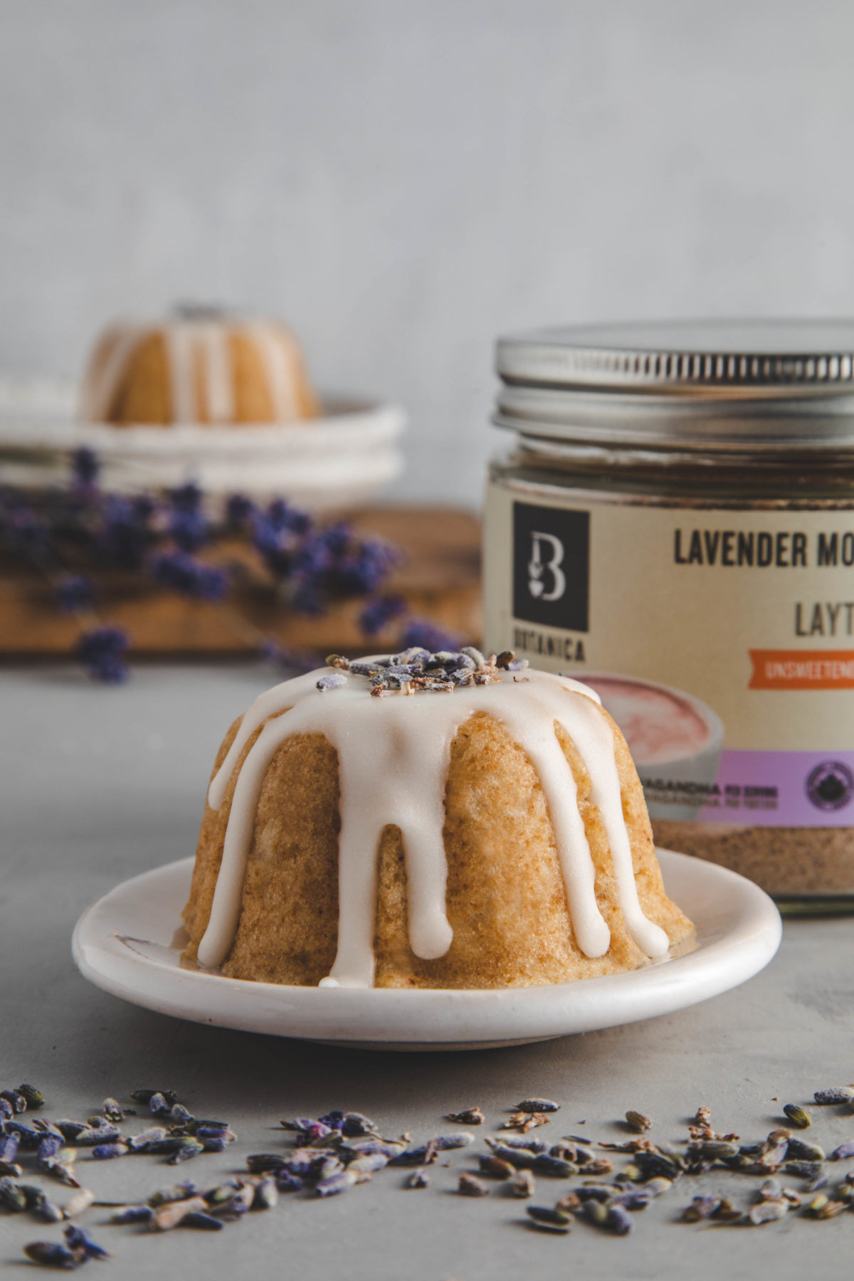 Gluten free, vegan Glazed Lavender Mini Cakes made with Botanica Health Lavender Moon Mylk powder