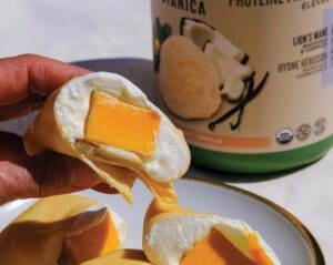 Mango protein pancakes banner
